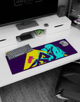 32x12 inches anime girl mouse pad showing long-haired girl lounging, legs stretched, sly chin tilt.