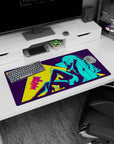 Long-haired anime girl lounging pin-up style on mouse pad 32x16 inches, sleek bodysuit and thigh-highs.