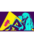 40x20 inches anime girl desk pad with neon pin-up pose, comic poster panel, jacket and thigh-highs.