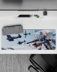 32x12 inches anime desk mat in crisp blues, soft clouds, steel greys and bold reds, mid-mission vibe.