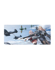 28x12 inches anime girl mouse pad with two heroines, flight gear, ship rigging, and WWII planes.