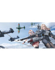 Anime girl desk pad 36x16 inches with two flight-gear heroines, sky clouds, warplanes, and ship rig art.