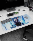 Artistic 36x16 inches desk pad with Saber Alter from Fate/stay night, highlighting her dark power and icy elegance on her frozen throne.