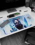 Large 40x20 inches desk pad featuring Saber Alter from Fate/stay night, blending icy landscape and dark power with her cold grace.