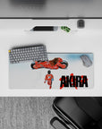 Minimal white void anime mouse pad 28x12 inches, vivid reds, blue capsule patch, tense futuristic vibe.