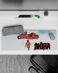 White void anime mouse pad 32x12 inches with warm reds, blue capsule patch, and tense calm vibe.