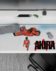 White void backdrop anime desk pad 36x16 inches, warm reds, crisp minimal look, tense rebellious vibe.