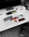 Kaneda walking toward his hovering red motorcycle anime mouse pad 28x12 inches, gloves on, boots forward.