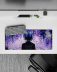 Anime mouse pad 28x12 inches featuring Shinobu Kocho from Demon Slayer amidst violet petals and butterfly hairpin in dusk.