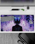 Shinobu Kocho Demon Slayer anime mouse pad 32x16 inches with wisteria twilight, violet petals, and butterfly hairpin.