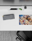 Sunrise-bright anime mouse pad 14x10 inches in navy, gold, and rainbow shards under clouds and moonlight.