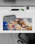 28x12 inches anime mouse pad in warm sunrise tones with navy and gold, rainbow shards, epic teamwork vibe.