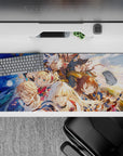 36x16 inches anime desk pad in warm sunrise tones with navy and gold accents, clouds and rainbow shards.