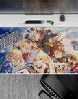 Sunrise-toned anime desk pad 40x20 inches with navy, gold accents, clouds and rainbow shards.