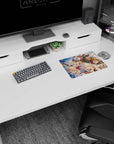 White-haired leader reaching out on anime mouse pad 14x10 inches, flanked by mage and twin blades.