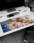 36x16 inches anime desk pad featuring a white-haired leader reaching out, flanked by mage and dual blades.