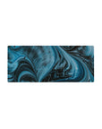 Mouse pad featuring pixelated dinosaurs and cosmic wave designs in blue and black, 28x12 inches, adding charm to smaller workspaces.