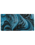 Mouse pad featuring swirling blue and black waves with pixelated dinosaurs, 32x16 inches, bringing fun and adventure to your workspace.