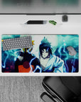 Mouse pad featuring Naruto and Sasuke back-to-back under a moonlit sky, size 32x16 inches, capturing intense emotion.