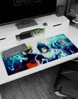 Naruto and Sasuke on 36x16 inch anime desk pad, back to back under moonlit sky, capturing a pivotal moment from Naruto.