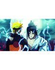 Naruto and Sasuke back to back under moonlit sky on 40x20 inch anime mouse pad, showcasing electric blues and intense drama.