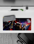 Anime mouse pad featuring Ainz Ooal Gown from Overlord, size 28x12 inches, with fiery backdrop and dark hues.