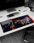 Ainz Ooal Gown anime desk pad, 36x16 inches, featuring blackened bone, steel, and crimson flames, perfect for gaming.