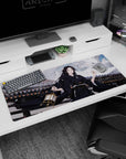 Lantern-bearing anime girl in flowing black kimono with ghostly dragon behind, desk pad 36x16 inches.