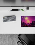 14x10 inches mouse pad featuring Sunset Drive Rush, blending glowing cars and a pink sunset for a vibrant, retro highway scene.