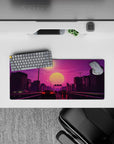 28x12 inches mouse pad with Sunset Drive Rush, showcasing a neon highway scene with glowing cars and a vibrant pink sunset over the city.