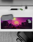 32x12 inches mouse pad with Sunset Drive Rush, featuring a retro-futuristic highway scene with glowing cars and a vibrant pink sunset.