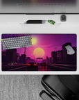 32x16 inches mouse pad with Sunset Drive Rush, showcasing a neon-lit highway scene with glowing cars and a retro sunset over the city.