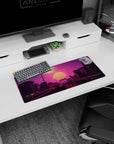 My Hero Academia mouse pad, 28x12 inches, featuring Sunset Drive Rush, blending retro-futuristic cars and a vibrant pink sunset.