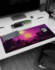 Artistic 36x16 inches desk pad with Sunset Drive Rush, blending neon-lit cars and a vibrant sunset for a retro-futuristic vibe.