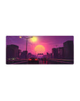 Mouse pad featuring Sunset Drive Rush, 28x12 inches, with glowing cars and a pink sunset, capturing retro-futuristic vibes on a city highway.