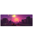 Compact 32x12 inches mouse pad with Sunset Drive Rush, capturing the essence of a neon-lit highway with glowing cars and a pink sunset.
