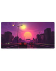 Mouse pad featuring Sunset Drive Rush, 32x16 inches, with glowing cars cruising on a neon-lit highway under a vibrant pink sunset.