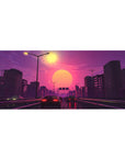 Desk pad featuring Sunset Drive Rush, 36x16 inches, with glowing cars and a vibrant pink sunset, evoking vaporwave and retrowave aesthetics.