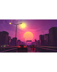 Desk pad featuring Sunset Drive Rush, 40x20 inches, with glowing cars and a vibrant pink sunset over a retro-futuristic highway.