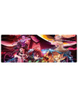 Anime mouse pad 32x12 inches featuring Demon Slayer squad—Tanjiro, Nezuko, Zenitsu, Inosuke—battling Daki in vivid chaos.