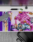40x20 inches desk pad with Johnny Joestar and Funny Valentine from JoJo's Bizarre Adventure, showcasing the intense battle with vibrant purple and pink tones.