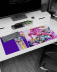 Artistic 36x16 inches desk pad with Johnny Joestar and Funny Valentine, capturing the Steel Ball Run finale in vibrant purples and pinks for an intense design.