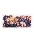 28x12 inches anime girl mouse pad with Love Live group scene, school uniforms, hugs and playful reach.