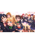 40x20 inches anime girl desk pad with Love Live idol group scene, crisp print and navy uniforms.