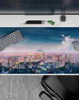 Dynamic 40x20 deskmat transforms your workspace into a tranquil yet vibrant escape, blending soft pastels with glowing city lights for an immersive vibe