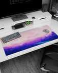 Tranquil 36x16 anime desk mat with cosmic scenery and soft pinks and purples, perfect for a calming and functional desk setup