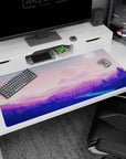 Tranquil 40x20 anime desk mat with soft pinks, purples, and cosmic scenery, creating a peaceful and beautiful workspace environment