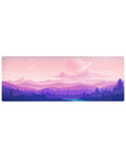 Serene escape 32x12 mouse pad with cosmic landscapes, soft pinks, and purples, creating a colorful, tranquil workspace experience