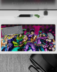 Bold 32x16 desk mat combines JoJo's vibrant characters with sleek diamond design for impactful visuals