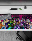 Dynamic 36x16 desk pad highlights JoJo heroes' bold personalities with vivid colors and intricate details